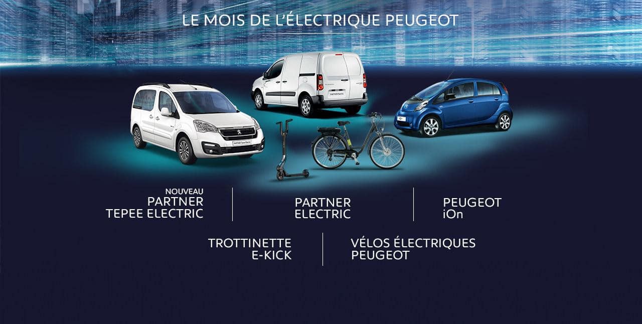 Typographies d'identité Peugeot. Applications des typographies. Peugeot Electrique iOn. Partner Tepee, Partener Electric, Peugeot iOn, Trotinette E-Kick, vélo électrique.