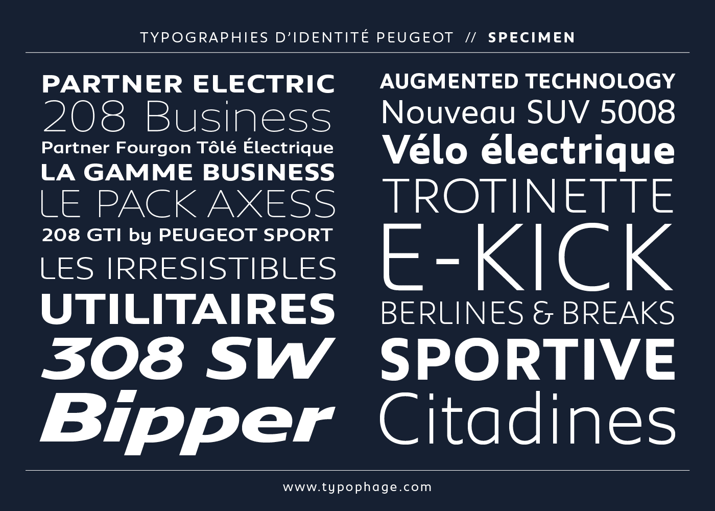 Typographies d'identité Peugeot. Spécimen de caractères typographiques.