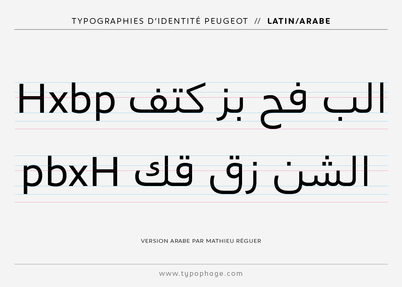 Typographies d'identité Peugeot. Spécimen de caractères versions arabes.