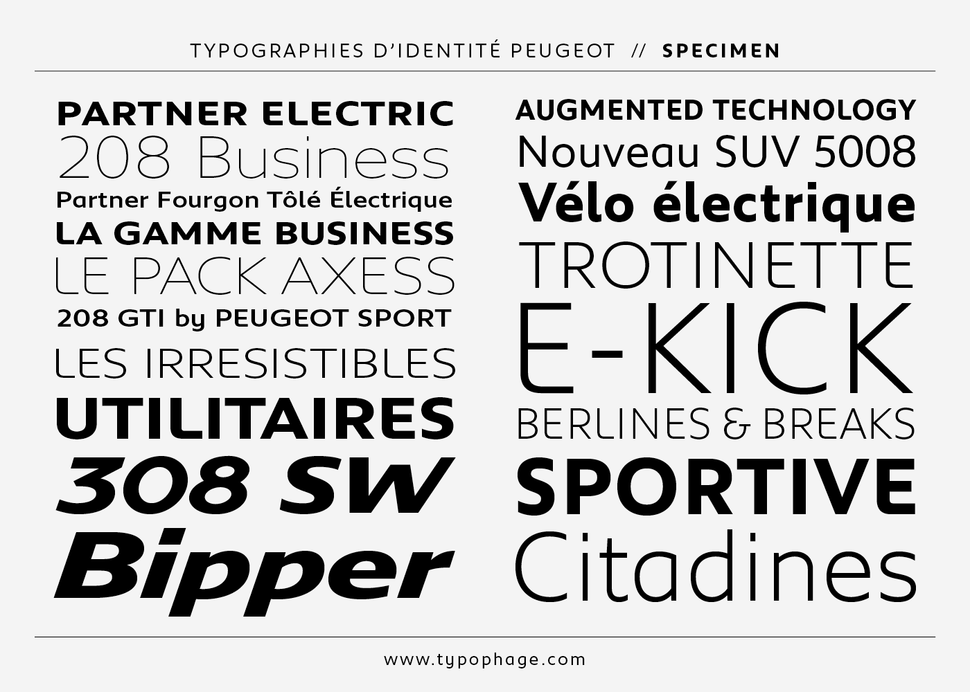 Typographies d'identité Peugeot. Spécimen de caractères typographiques.