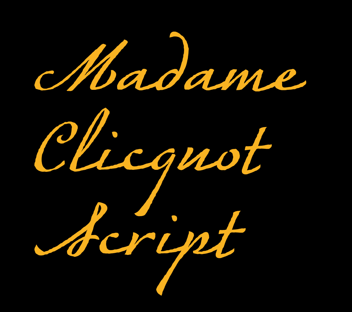 Typographie exclusive Veuve Clicquot Ponsardin. Alphabet sur mesure, typographie d'identité. Specimen de caractères typographiques. Typographie scripte. Ecriture typographiée.