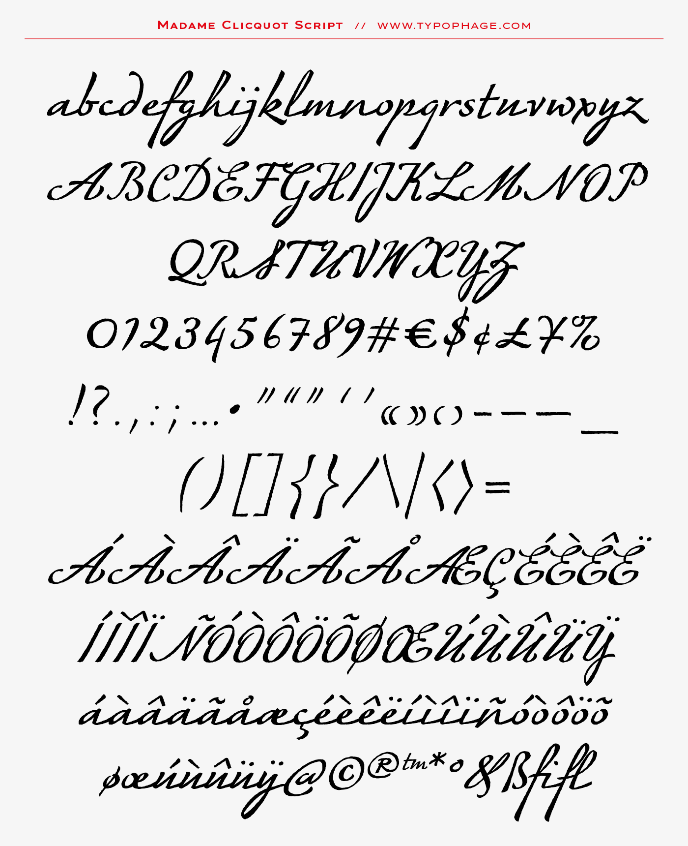 Typographie exclusive Veuve Clicquot Ponsardin. Alphabet sur mesure, typographie d'identité. Specimen de caractères typographiques.