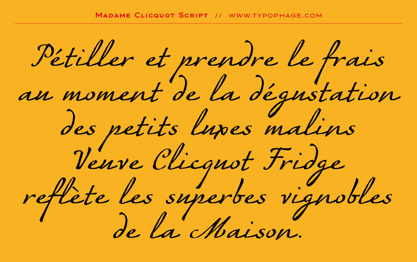 Typographie exclusive Veuve Clicquot Ponsardin. Alphabet sur mesure, typographie d'identité. Specimen de caractères typographiques. Typographie scripte. Ecriture typographiée.