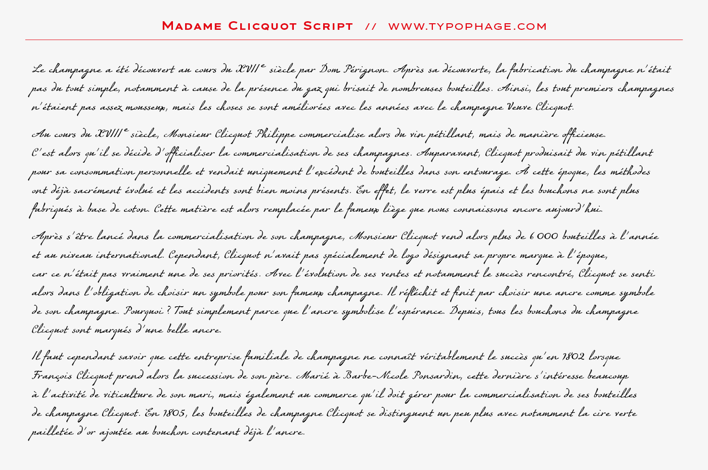 Typographie exclusive Veuve Clicquot Ponsardin. Alphabet sur mesure, typographie d'identité. Specimen de caractères typographiques. Typographie scripte. Ecriture typographiée.