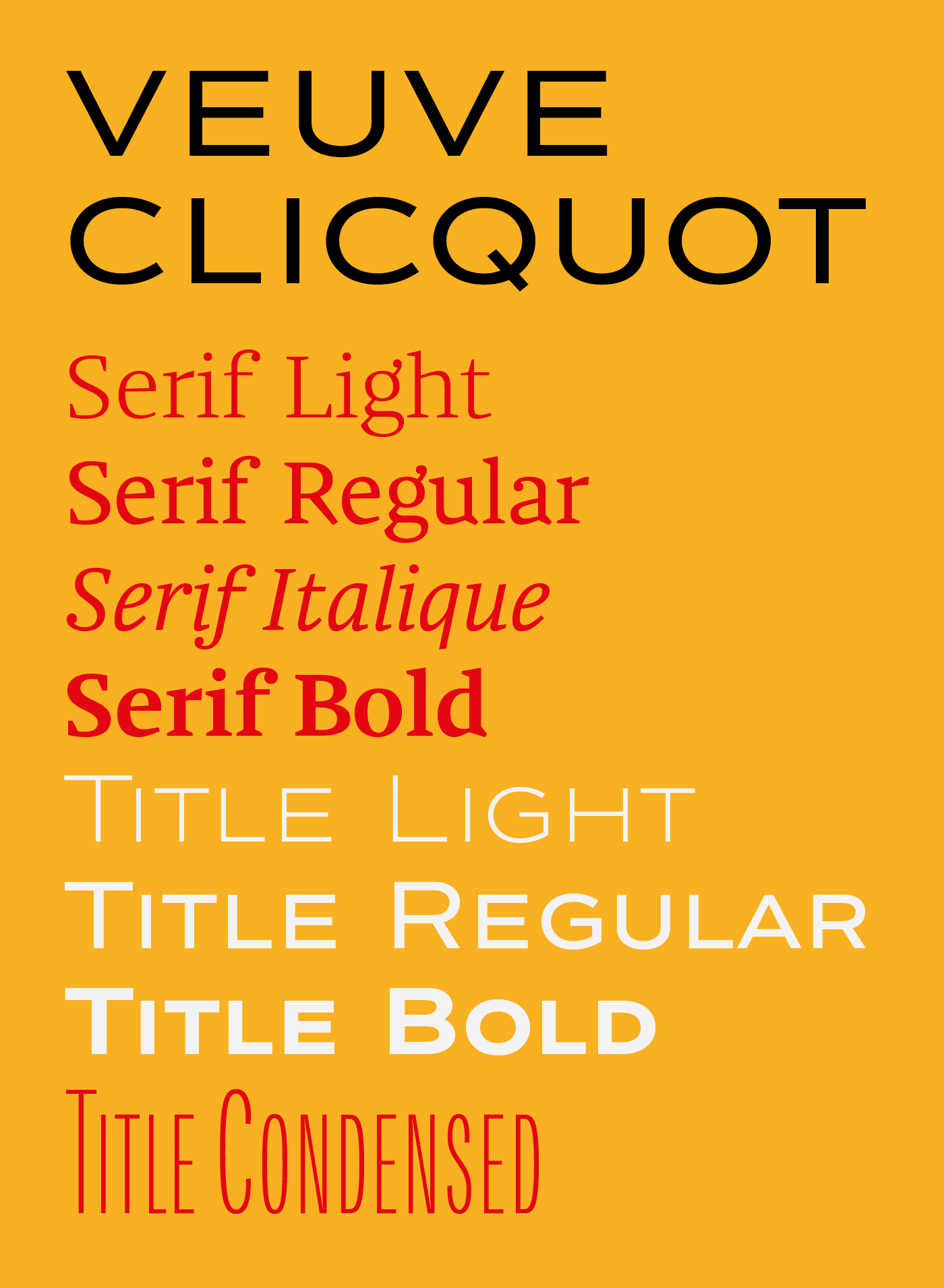 Typographie exclusive Veuve Clicquot Ponsardin. Alphabet sur mesure, typographie d'identité.
