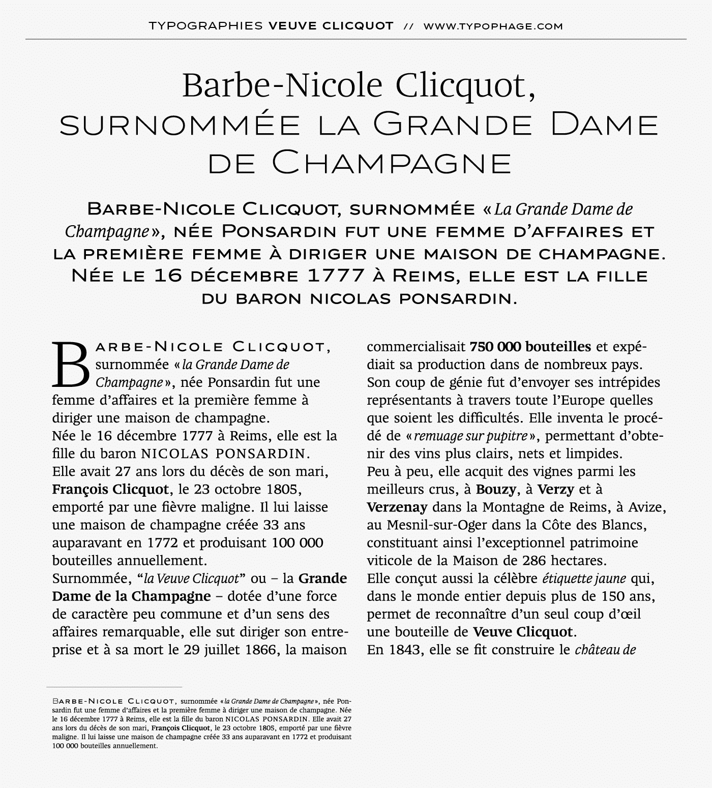 Typographie exclusive Veuve Clicquot Ponsardin. Alphabet sur mesure, typographie d'identité. Specimen de caractères typographiques.