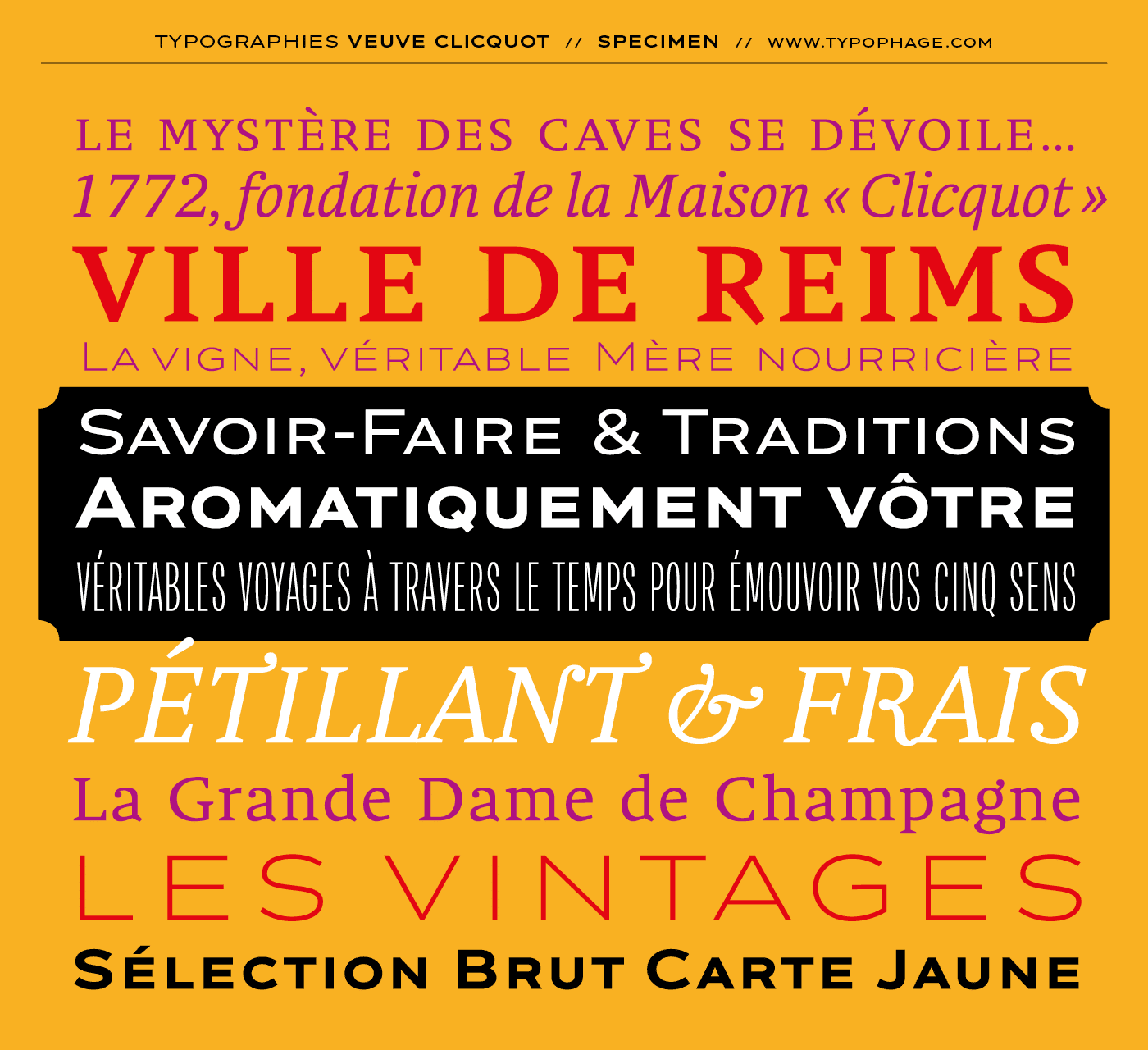 Typographie exclusive Veuve Clicquot Ponsardin. Alphabet sur mesure, typographie d'identité. Specimen de caractères typographiques.