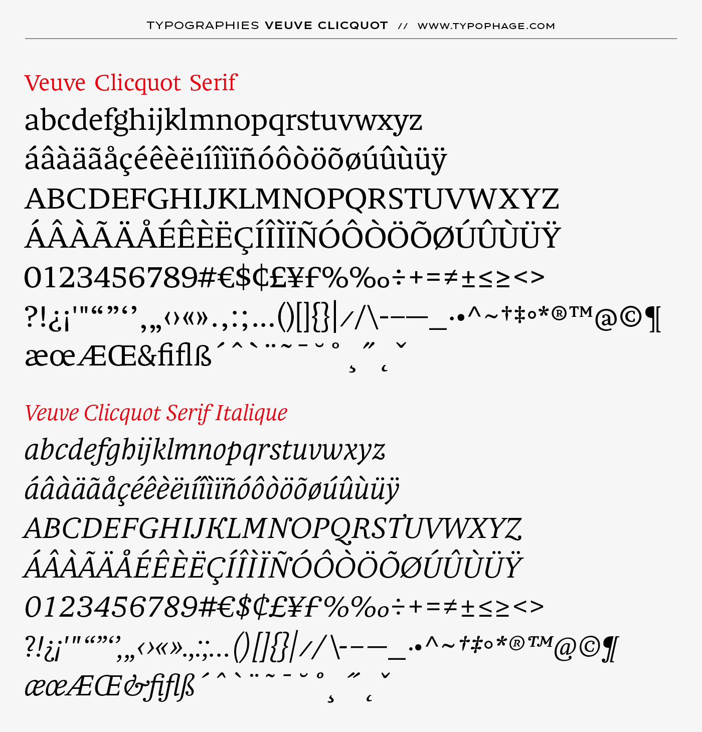 Typographie exclusive Veuve Clicquot Ponsardin. Alphabet sur mesure, typographie d'identité. Specimen de caractères typographiques.