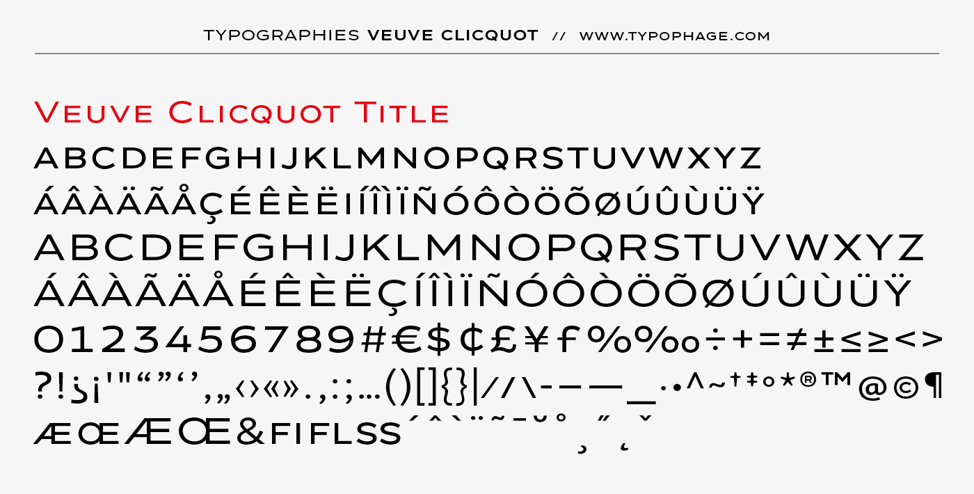 Typographie exclusive Veuve Clicquot Ponsardin. Alphabet sur mesure, typographie d'identité. Specimen de caractères typographiques.