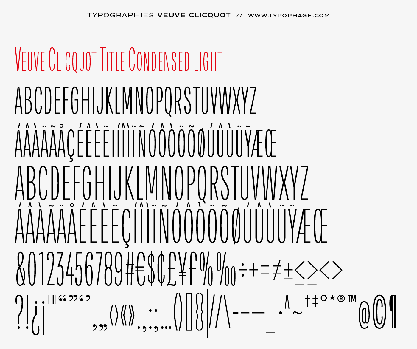 Typographie exclusive Veuve Clicquot Ponsardin. Alphabet sur mesure, typographie d'identité. Specimen de caractères typographiques.